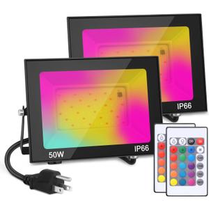 LED Flood Light Outdoor, 50W Color Changing RGB Flood Light, IP66 Waterproof Outdoor Landscape Lights Stage Lights, 5000LM Uplighting for Party, 2Pack