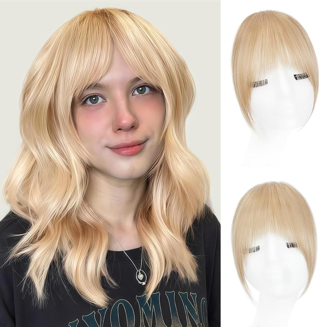 Clip in Bangs  100% Real Human Hair Fringe with Temples, Butter Blonde French Bangs Hair Clip Hairpiece for Women, Natural Look, Easy Trim & Secure BB Clips for Daily Wear