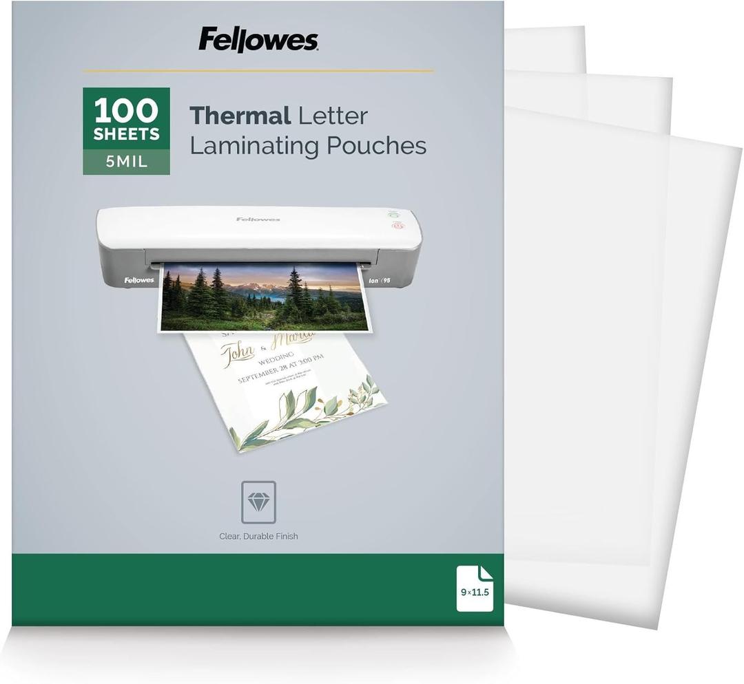 Fellowes Thermal Laminating Pouches, 5mil Letter Size Sheets, 9 x 11.5, 100 Pack, Clear (5743501)