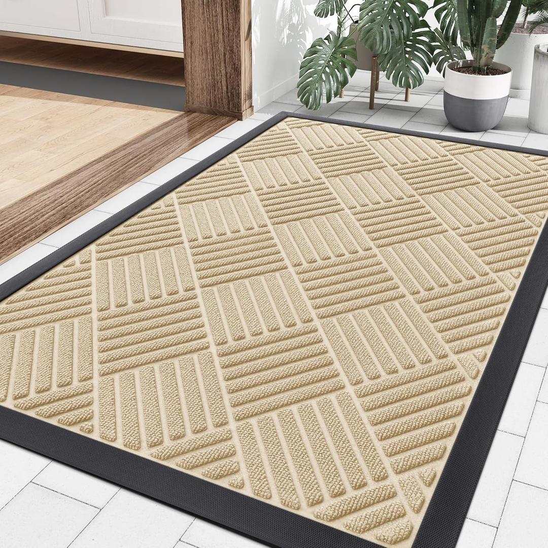 Smiry Front Door Mat Outside Entrance, Heavy Duty Outdoor Indoor Natural Rubber Doormat, Non Slip, Trap Dirt and Moisture, Easy Clean, Low Profile Patio Porch Entryway Mat, 35x23, Beige