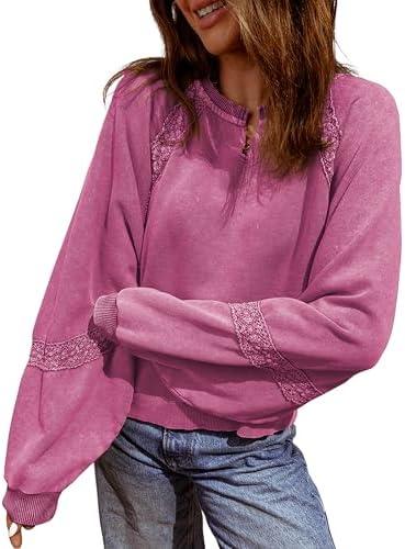 SELINK Womens Cropped Sweatshirts Lace Crochet Vintage Long Sleeve Tops Cute Notch Neck Pullover Fall Outfits, Size: Medium