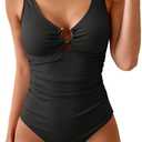 B2prity One Piece Swimsuit for Women Tummy Control Slimming Bathing Suit Deep V Neck Ruched Swim Suit Push Up Swimwear (Small, Ribbed,black)