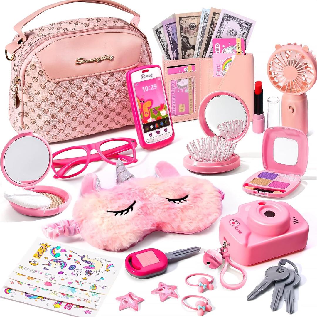 Toddler Purse with Pretend Makeup for Girls, Little Girls Purse with Accessories Includes Pink Hand Fan, Unicorn Tattoos Sleep Mask for Kids, Pretend Princess Play Toys for 3 4 5 6 7 8 Year Old Girl