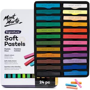 Mont Marte Soft Pastels in Tin Box Signature 24pc, 24 Assorted Colors, Vibrant Pastel Sticks, Great Blending, Comes in Storage Case, Ideal for Art, Craft, Coloring and Sketching (24 Count (Pack of 1), Multicolor)