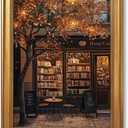 Ripiyome Autumn Coffee Shop Canvas Print Poster Moody Bookstore Wall Art Cozy Cafe Fall Artwork Aesthetic Painting for Book Lovers Thanksgiving Decor Living Room Reading Nook 12x16inch Golden Frame