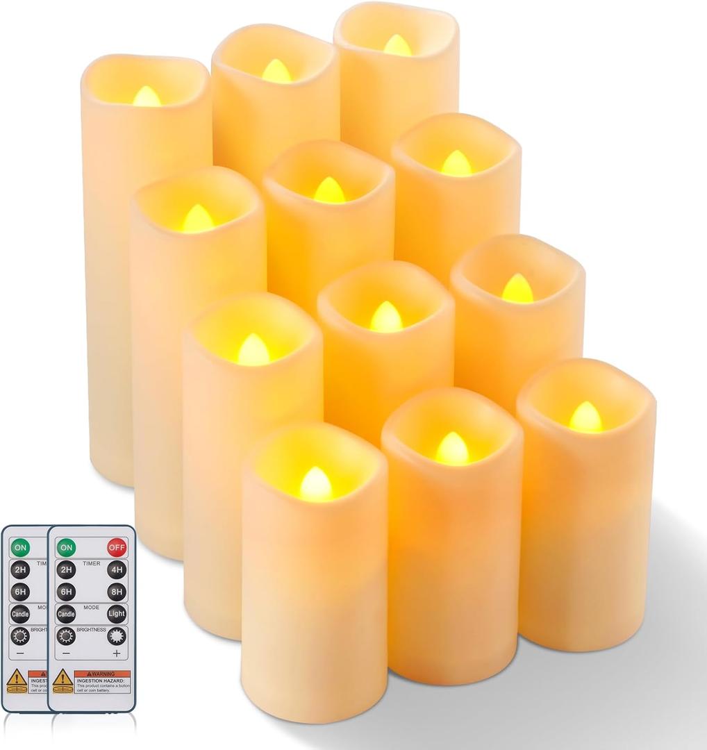Raycare 12pcs Large Waterproof Outdoor Flameless Candle, Battery Operated LED Candles with Remote Control and Timer, Flickering Electric Fake Plastic Pillar Candles, Ivory, D 2.2" x H 4" 5" 6" 7"