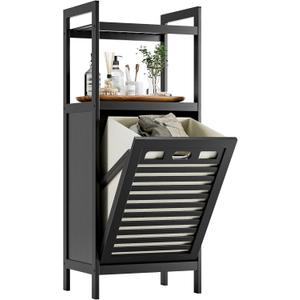 HITNET Tilt Out Laundry Hamper, Bamboo Bathroom Cabinet with Pull Out Removable Bag and 2 Tier Storage Shelves, 10 Gal Clothes Basket with Metal Handle, Black