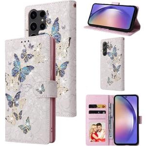 UEEBAI Wallet Case for Samsung Galaxy S23 Ultra 5G, PU Leather Phone Case Kickstand RFID Blocking Flip Case with Card Slots Wrist Strap Relief Engraved Magnetic Closure Folio Case - Blue Butterfly