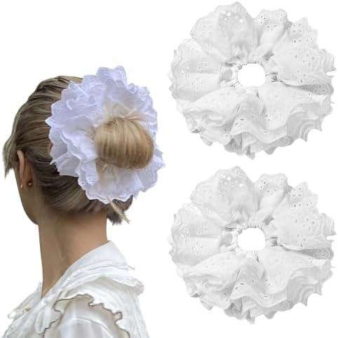 2 Pcs Large White Lace Scrunchies for Women, Lace Double Layer Fancy Satin Hair Scrunchie Elastic Hair Tie Ropes Thick Hair Bulk Scrunchies Accessories, (White)