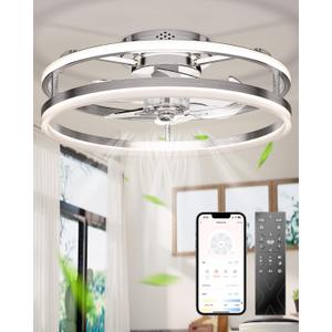 Low Profile Ceiling Fans with Lights and Remote, 19.7'' Fandelier Ceiling Fans with Remote App, Flush Mount ceiling fan with 6 Speeds 3000-6000K Dimmable LED Light For Bedroom (brushed nickel)