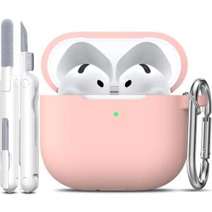 R-fun for AirPods 4 Case with Cleaner Kit,Full Protective Soft Skin Silicone Cover with Keychain for AirPods 4 Gen Case for Men Women,Compatible with Apple AirPods 4th Genaration Case 2024,Sand Pink