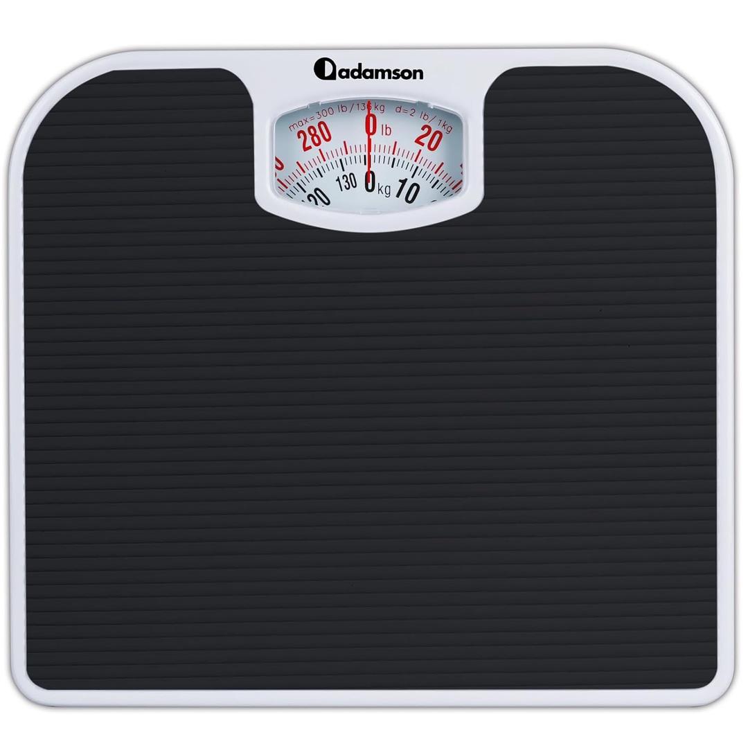 Adamson A21 Analog Scales for Body Weight - Up to 300 LB - New 2024 - Anti-Skid Rubber Surface + Large Numbers - Analog Bathroom Scale - Affordable - Durable - Black