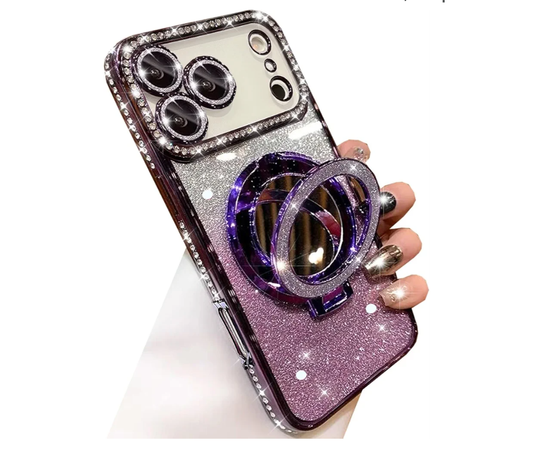 Magnetic Kickstand Glitter Case for iPhone 17 Pro Max,[Compatible with Magsafe] Cute Bling Sparkly Rhinestone with Camera Protector Makeup Mirror Women Girls Case for iPhone 17 Pro Max,Purple