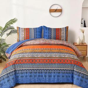 Boho Comforter King Size, 3 Piece Blue Orange Bohemian Striped Western Comforter Set, Ultra Soft Lightweight Microfiber Boho Hippie Bedding Set with 2 Pillow Shams for All Seasons