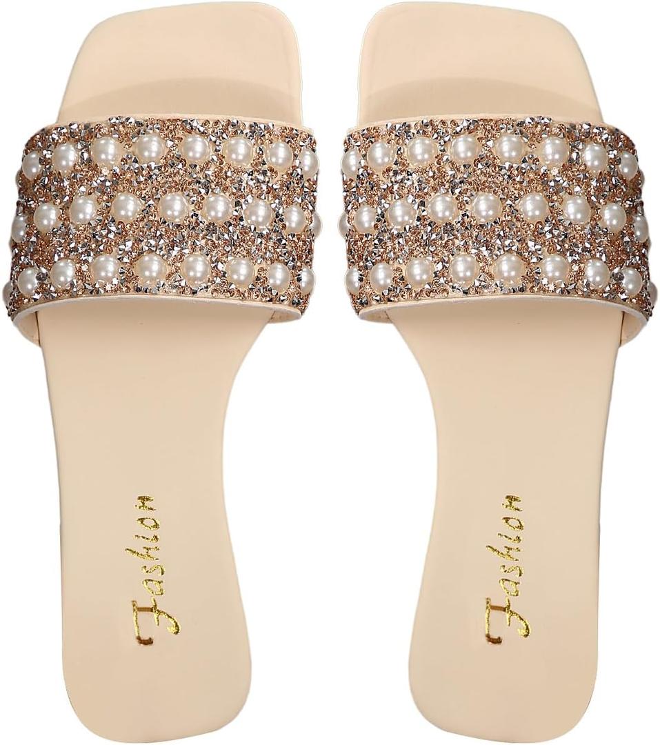 Verdusa Women's Glitter Pearls Rhinestone Sandals Square Open Toe Slip on Slippers (7.5, Apricot)