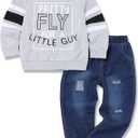 Oklady Toddler Boy Clothes Colorblock Long Sleeve Letter Sweatshirts Top and Ripped Jeans Pants Boys Fall Winter Outfits (3-4T, Grey)