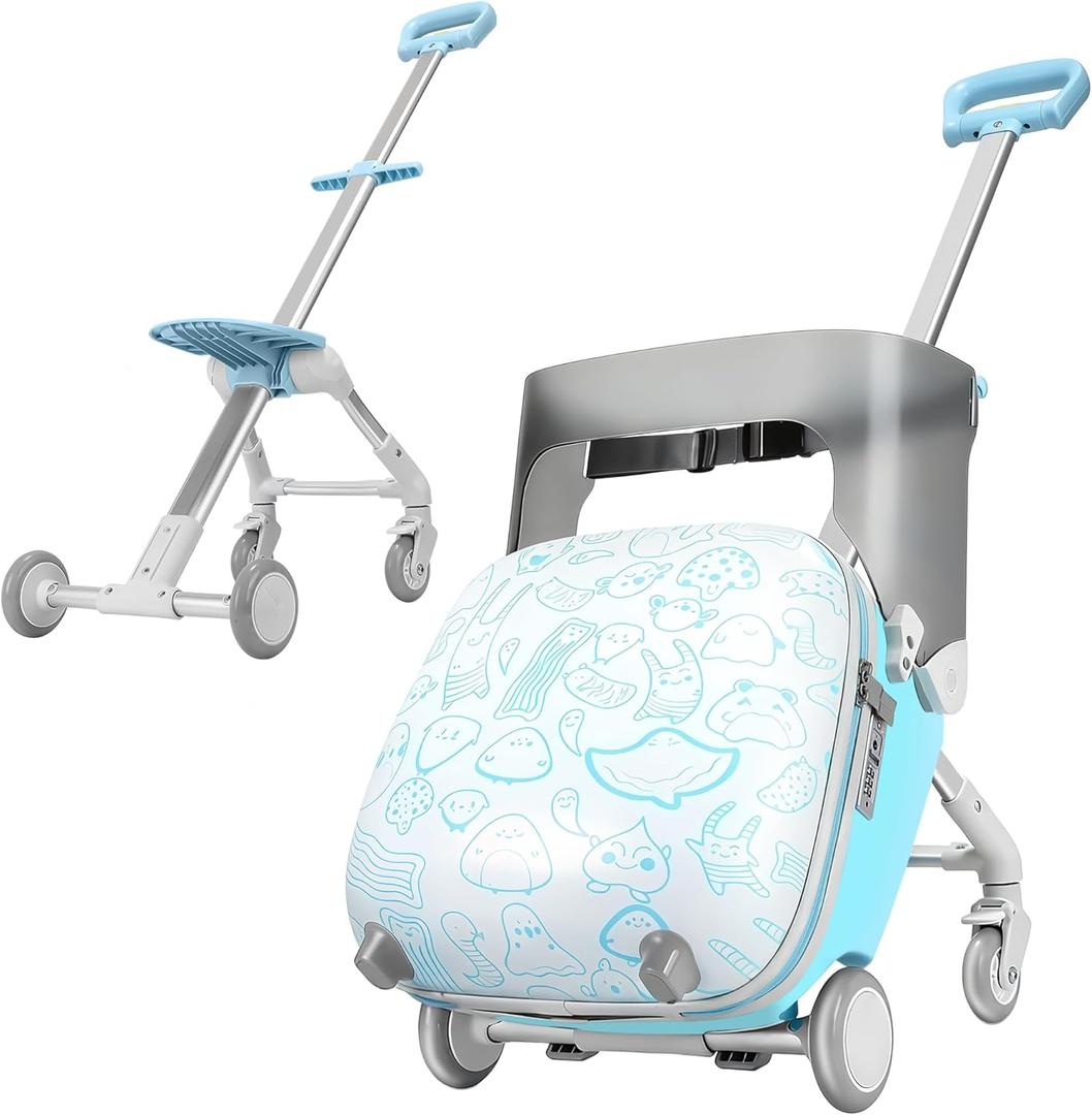 Kids Ride-on Luggage with Seat, 20 inch Carry On Suitcase, 2-in-1 Children's Luggage with Shockproof Silent Wheels and Guardrail for Airplane & Travels (New Style Blue)