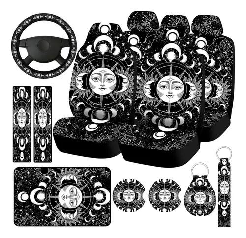 Riakrum 15 Pcs Moon Stars and Sun Seat Covers Full Set Thick Car Front and Back Seat Covers Steering Wheel Cover Seatbelt Strap Cover Armrest Pads Cup Mat Wrist Strap Key Chains for Auto Truck
