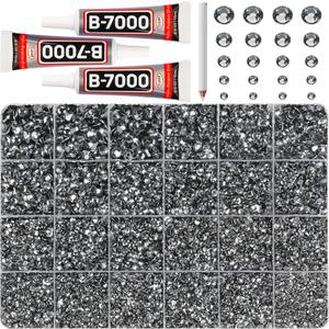32000Pcs Grey Rhinestones for Bedazzling, Resin 2,3,4,5,6mm Mix Sizes Flatback Gray Black Diamond Gems Diamonds Gemstones Jewels Stones Crystals with B7000 Glue for Crafting Crafts Clothes