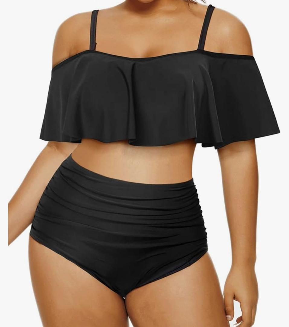 Daci Women Plus Size Bikini Sets High Waisted Ruffle Tummy Control Two Piece Swimsuit Off Shoulder Lace up Bathing Suit XXL Black