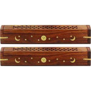 Sheesham Wood Incense Burner Holder - Set of 2 Coffin Style Sun Moon Inlay Handmade Aromatherapy Room Freshener Fragrance Cone Incense Stick Burner Ash Catcher - Zen Home Gift - 12x2x2 - COTTON CRAFT
