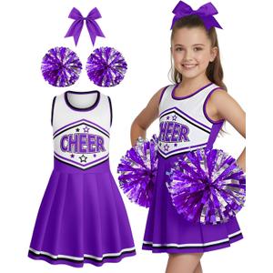 JenPen Girls Cheerleader Costume Cheerleading Outfit Dress Cheer Uniform with Pom Poms Bow for Kids Halloween Dress Up Gifts (7-9 Years, Purple)