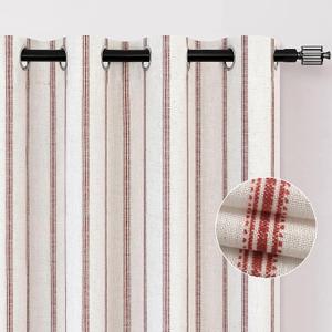 DriftAway Farmhouse Linen Blend Blackout Curtains 96 Inches Long for Bedroom Vertical Striped Printed Linen Curtains Thermal Insulated Lined Treatments for Living Room 2 Panels W52 x L96 Red
