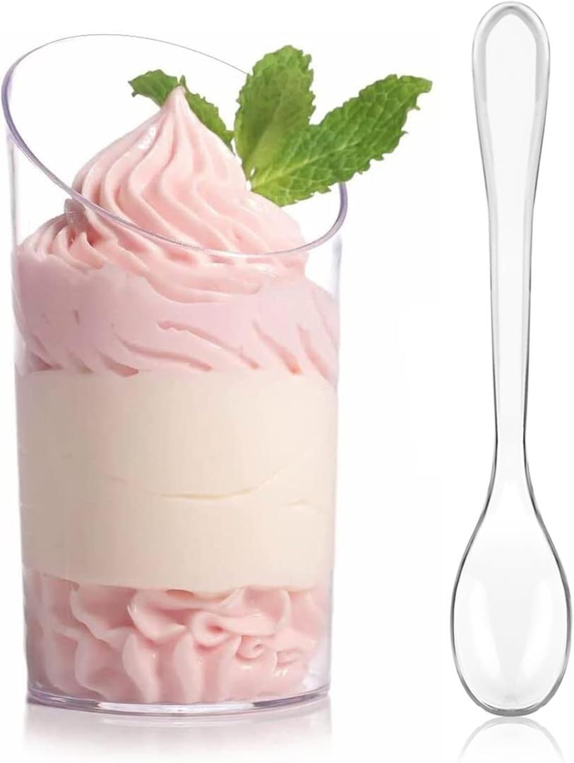 Zezzxu 50 Pack Mini Dessert Cups with Spoons, 2.2 oz Plastic Small Dessert Shotter Cups Slanted Appetizer Cups for Serving Mousse Pudding Triffle
