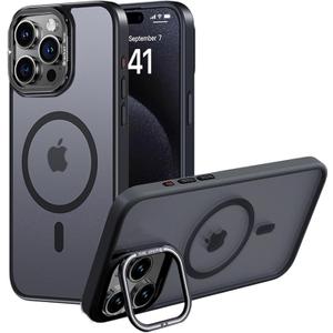 Designed for iPhone 15 Pro Max Case, Compatible with Mag-Safe, Frosted Translucent Slim Case with Built-in Aluminum Alloy Lens Bracket, Military-Grade Drop Protection with Airbag Corners, Black