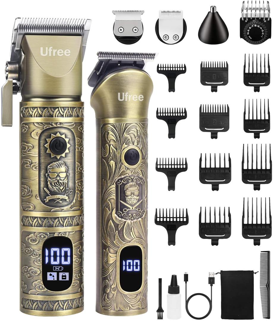 Ufree Hair Clippers for Men Professional with Beard Trimmer, Barber Clippers and Trimmers Set, Electric Razor Shavers for Men, Cordless Mens Grooming Kit for Nose, Face, Hair, Gifts (Bronze)