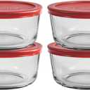Anchor Hocking 4 Cup Glass Storage Containers with Lids, Set of 4 Glass Food Storage Containers with Red SnugFit Lids