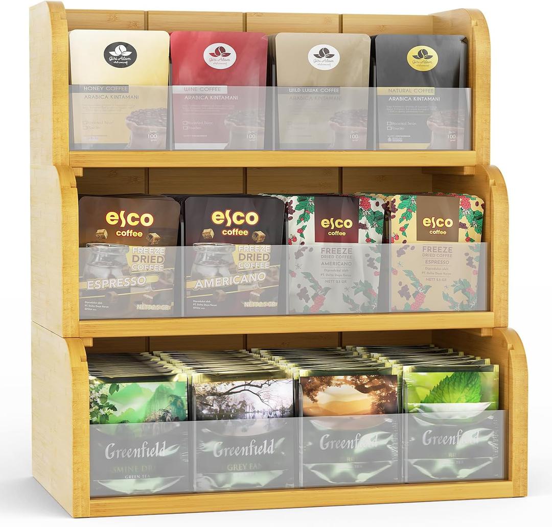 3 Layer Bamboo Tea Bag Organizer, Stackable Tea Storage Holder