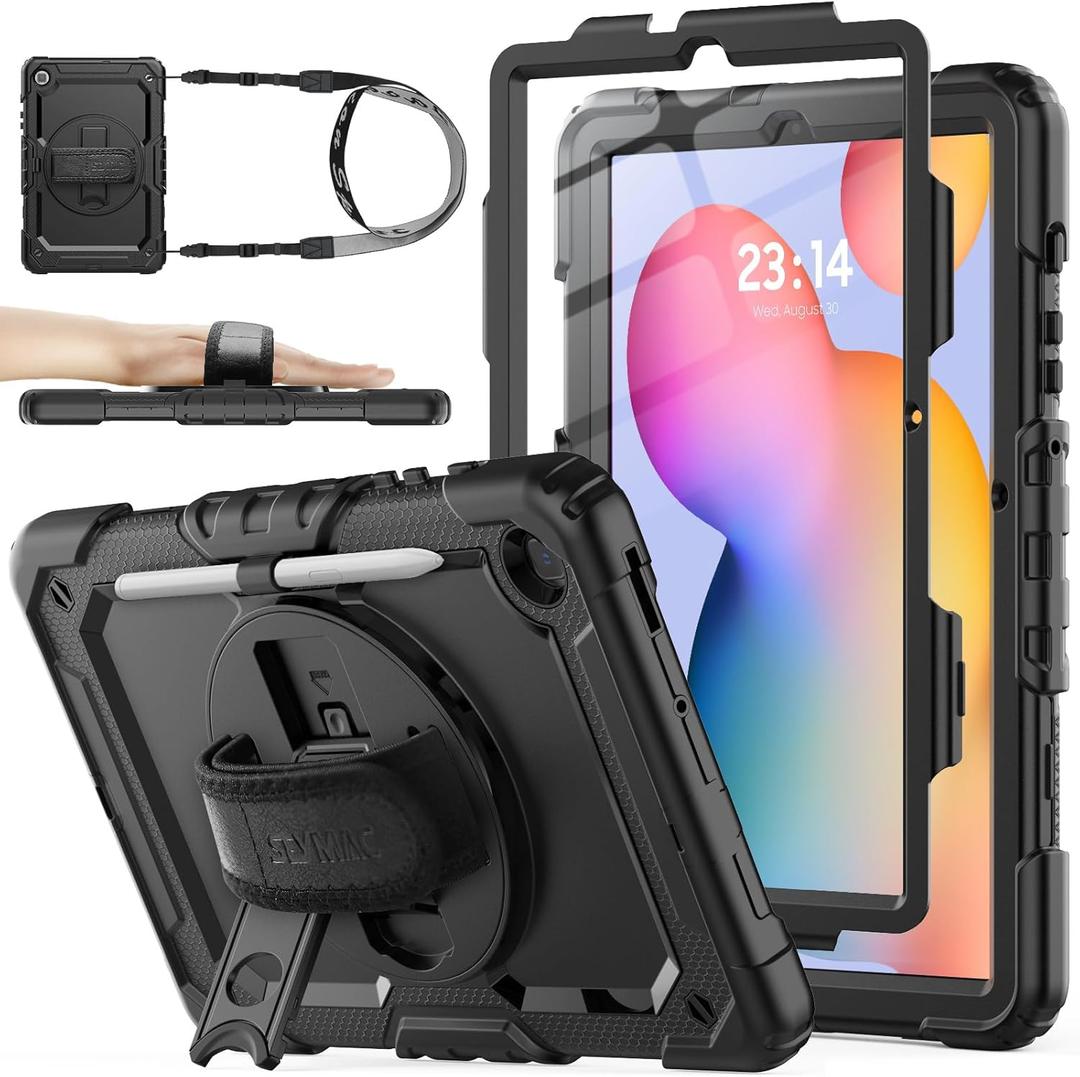 SEYMAC stock Case for Samsung Galaxy Tab S6 Lite 10.4 (2024-2020) with Screen Protector Pencil Holder [360 Rotating Hand Strap] &Stand, Drop-Proof Case for Galaxy Tab S6 Lite Tablet, All Black
