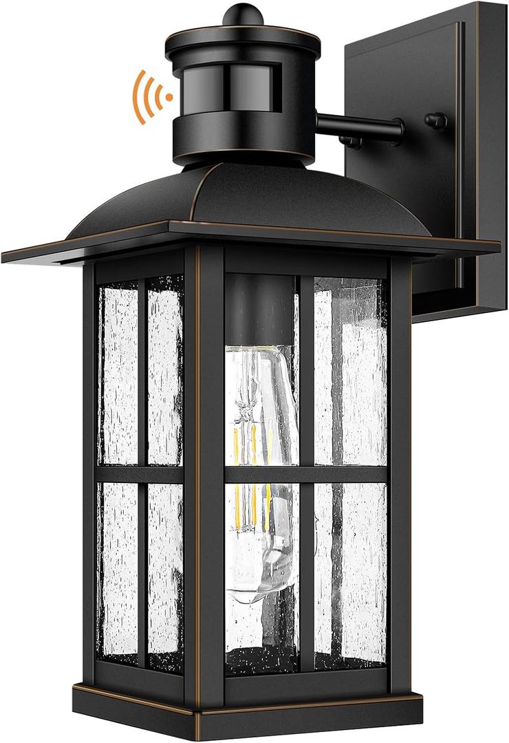 13in Motion Sensor Porch Light, Anti-Rust 100% Aluminum Dusk to Dawn Outdoor Light Fixtures, Exterior Wall Lantern Sconce Lighting Matte Black, Outside Lights for House Wall Mount for Entryway Garage (Black with Gold Trim)