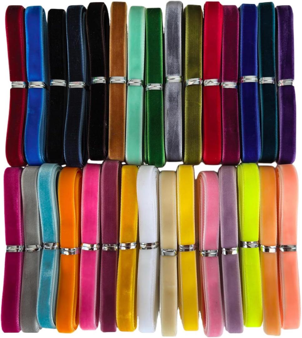 Chenkou Craft 30 Yards 3/8" Velvet Ribbon Total 30 Colors Assorted Lots Bulk (Multicolored, 3/8"(10mm))