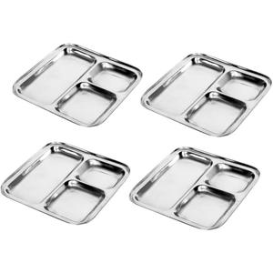 Satre Online and Marketing Square Plates Set of 4 Lunch Dinner Thali 3 Deep Compartments Stainless Steel