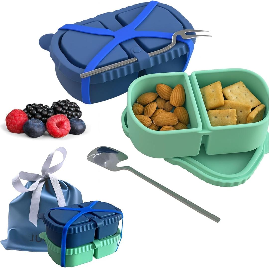 2 Pack Reusable Silicone Snack Containers with Lid, Strap, Spoon & Fork-2 Compartments Portable Mini ContainersSilicone Snack Storage Box for Picnic, Office, School(blue+green)