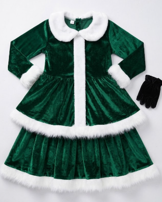 Gueuusu Kid Little Girls Christmas Outfit Santa Claus Velvet Lapel Long Sleeve Dress Princess Party Layered Dresses with Belt,3-4Y