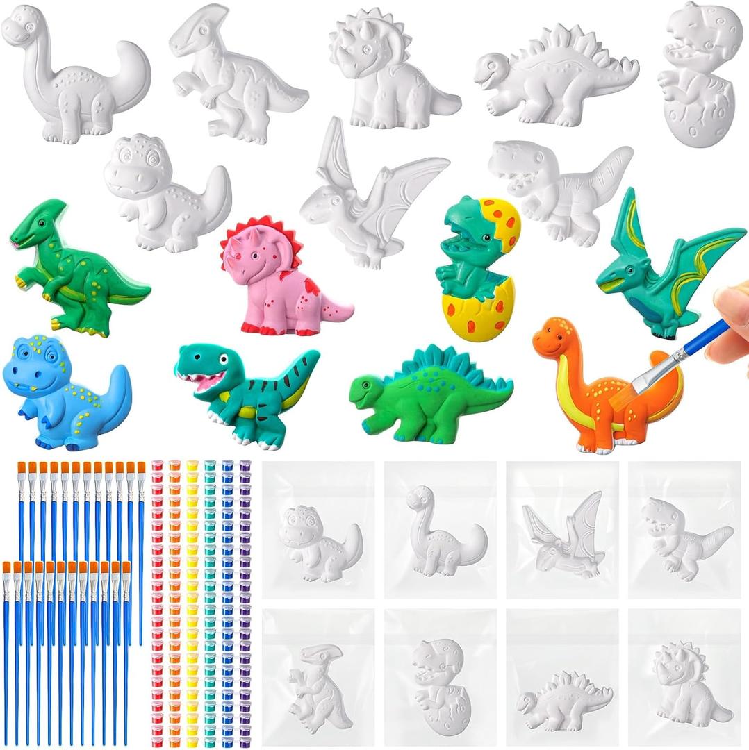 Leyndo 24 Set Dinosaur Painting Kit Bulk Craft Kits Paint Your Own Ceramic Figurines to Paint Unpainted Ceramic DIY Plaster Painting Crafts for Party Favor Kids Adults