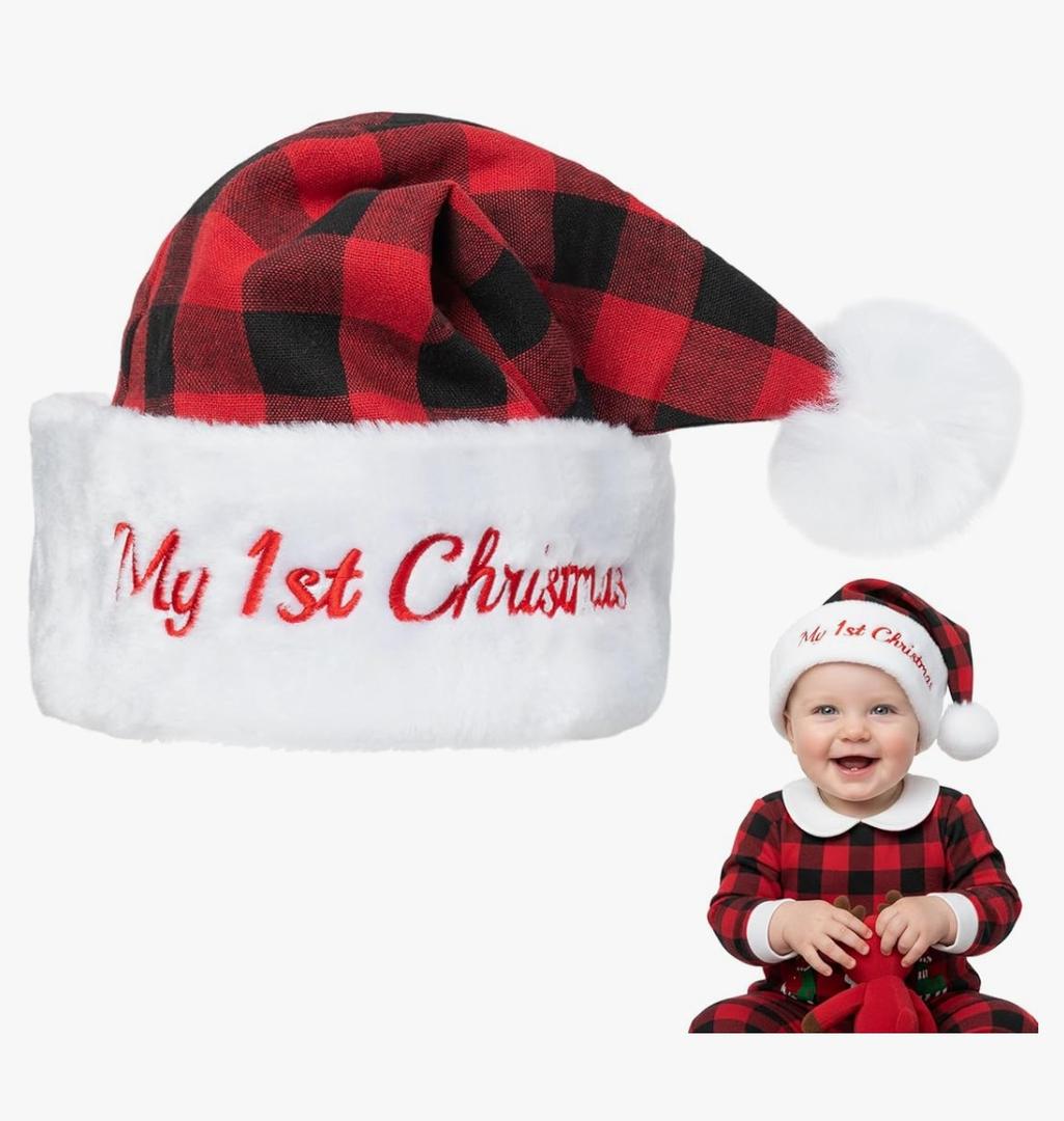 WATINC Christmas Santa Hat for Baby - My First Christmas Hats for Newborn Kids, Xmas Classic Black Red Buffalo Plaid Plush Claus Cap for Winter Holiday Unisex Girls Boys Toddler Party Supplies