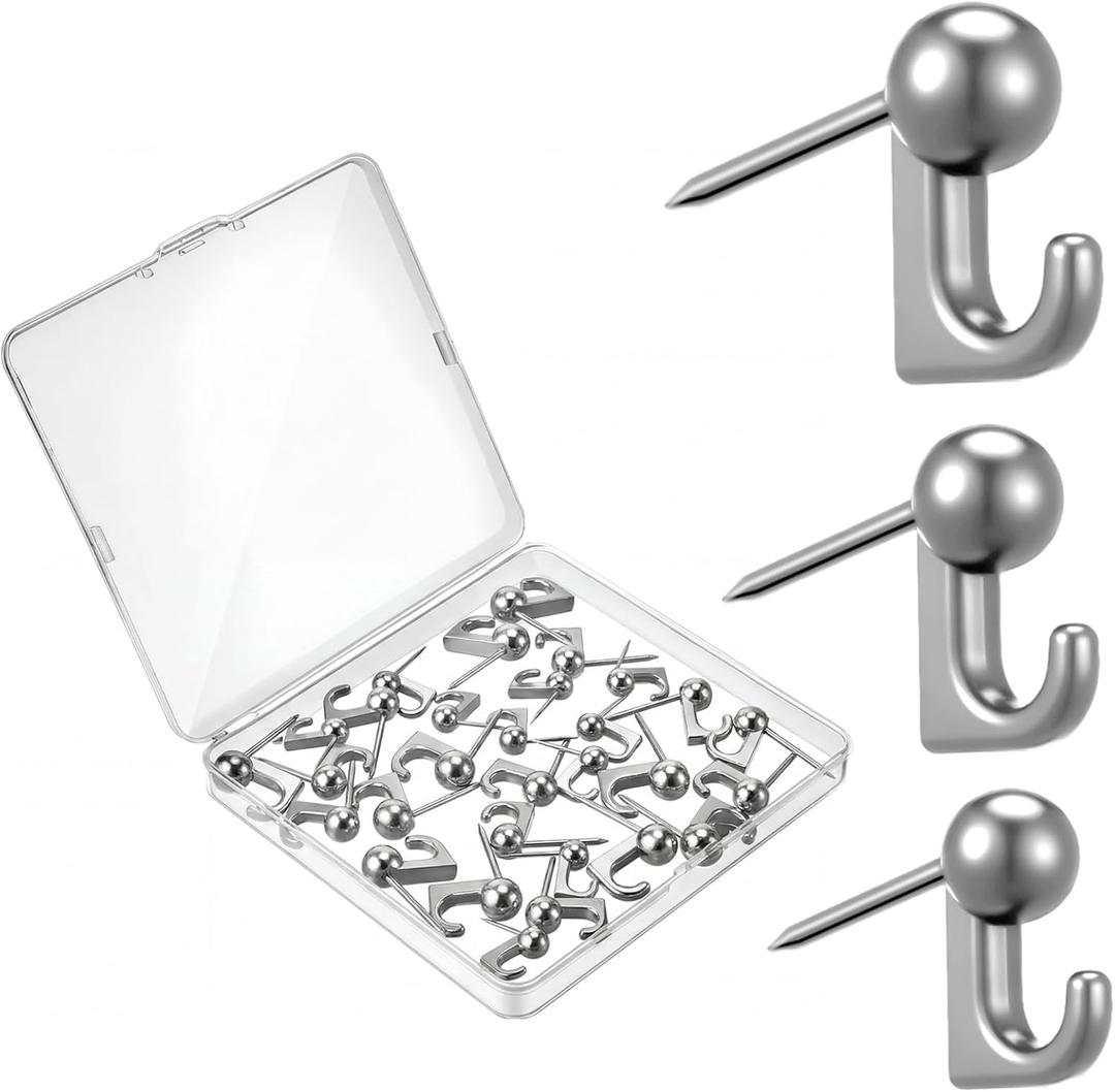 LEIFIDE 30 Pcs Metal Push Pin Hangers 3 Sizes Pin Wall Hooks Picture Hanging Nails Thumb Tacks on Wooden or Fabric Wall for Home Office, 20/ 30/ 40 Lbs(Silver)