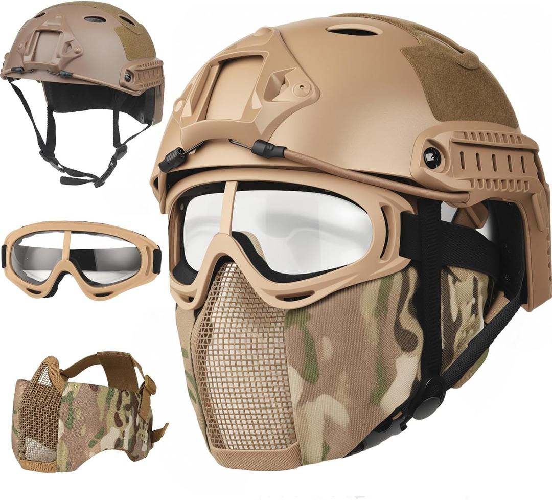 Airsoft Helmet,Black Tactical Helmet,Airsoft Mask Mesh,Elastic Balaclava Mask, Anti Fog Airsoft Goggles, Tactical Full Face Protection, Airsoft Accessories,Military Gear (A/PJ-Camo)