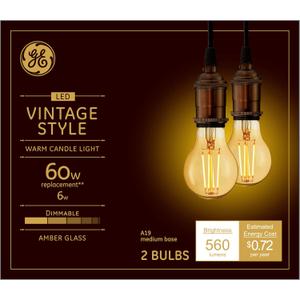 GE Lighting Vintage Style LED Light Bulbs, 6 Watts (60 Watt Equivalent) Warm Candle Light, Amber Glass, Medium Base, Dimmable (2 Pack)