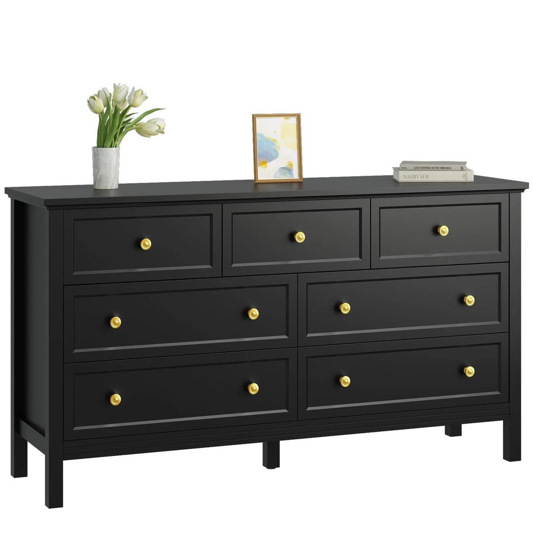 Black Dresser for Bedroom with 7 Drawers, Modern Wide Chest of Storage Drawer with Gold Handles, TV Stand Dresser, Wood Dressers for Bedroom, Living Room, Hallway, Entryway, 55’