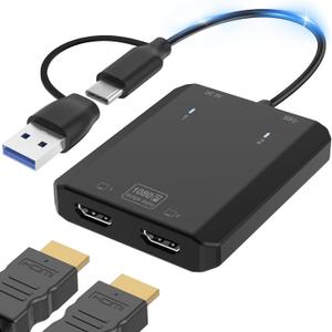 Herfair USB to HDMI Adapter [1080P Full HD] HDMI Splitter for Dual Monitors USB 3.0 to Extended Display Converter 1 in 2 Out Multiple Screen Extender for MacOS/Windows 11/10/8/7 Laptops