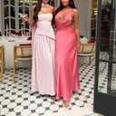Women Strapless Corset Asymmetrical High Split Flowy Maxi Dresses Evening Gown Wedding Guest Dress with Scarf (S)