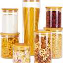 Glass Food Storage Jars, 7 Pack Kitchen Containers with Airtight Bamboo Wooden Lids for Pasta, Cookies, Nuts, Coffee Beans, Cereal, Canisters Set for Flour, Pantry Organization, BPA Free