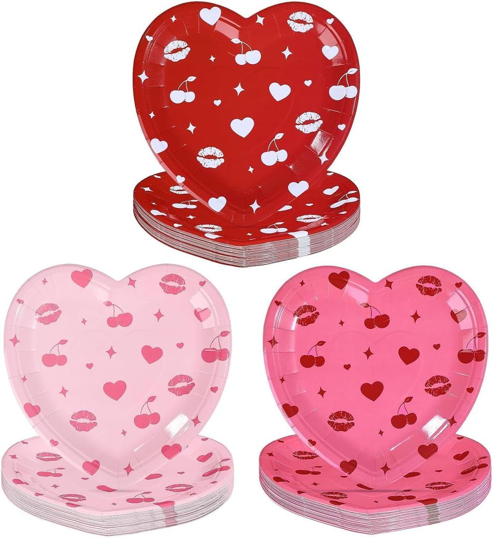 60 PCS Cherry Heart Paper Plates 9" Red Pink Heart Shaped Plates Disposable Cherry Valentines Parties Decorations for Birthday Wedding Bridal Shower Anniversary Galentines Holiday Party Supplies