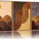 Tinonedraw Mid Century Modern Framed Canvas Wall Art Set, Boho Minimalist Geometric Wall Decor, Bohemian Sun and Moon Art Paintings, Beige Brown Wooden Artwork for Living Room Bedroom Office 24"x36"x3