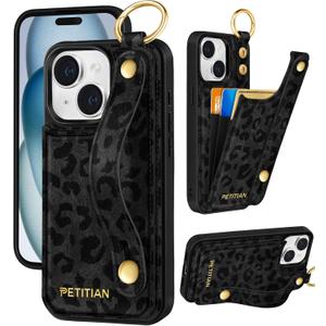 Petitian for iPhone 15 Wallet Case - Women Girls Cute Girly Aesthetic Unique Design Leather Credit Card Holder Phone Cover Stand Wristband for iPhone 15, Black Leopard